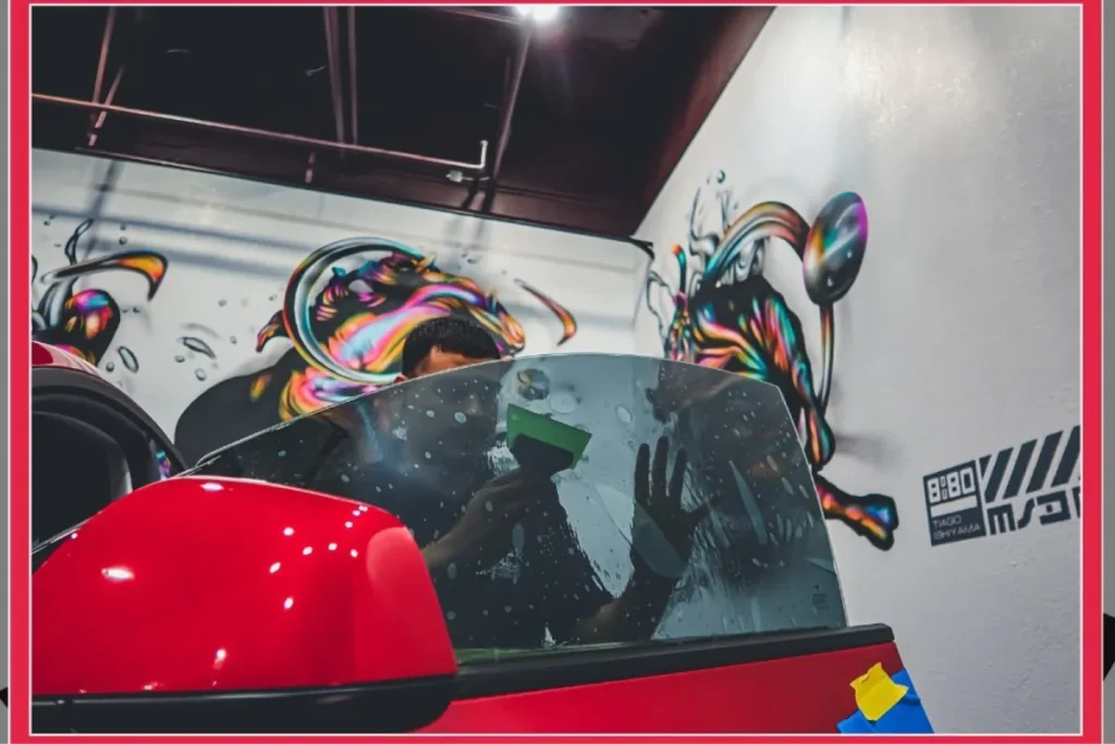 Close up of window tint being installed on a red Tesla door window.