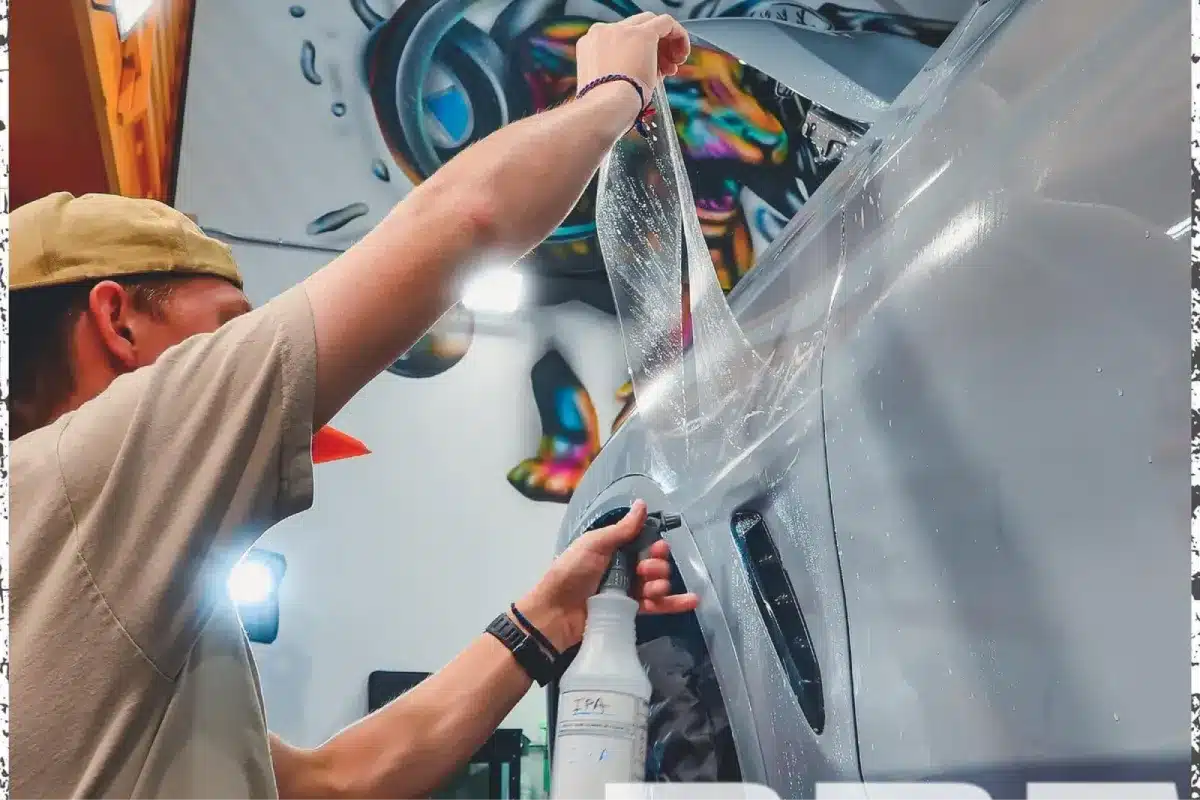 Technician applying paint protection film to a vehicle panel.