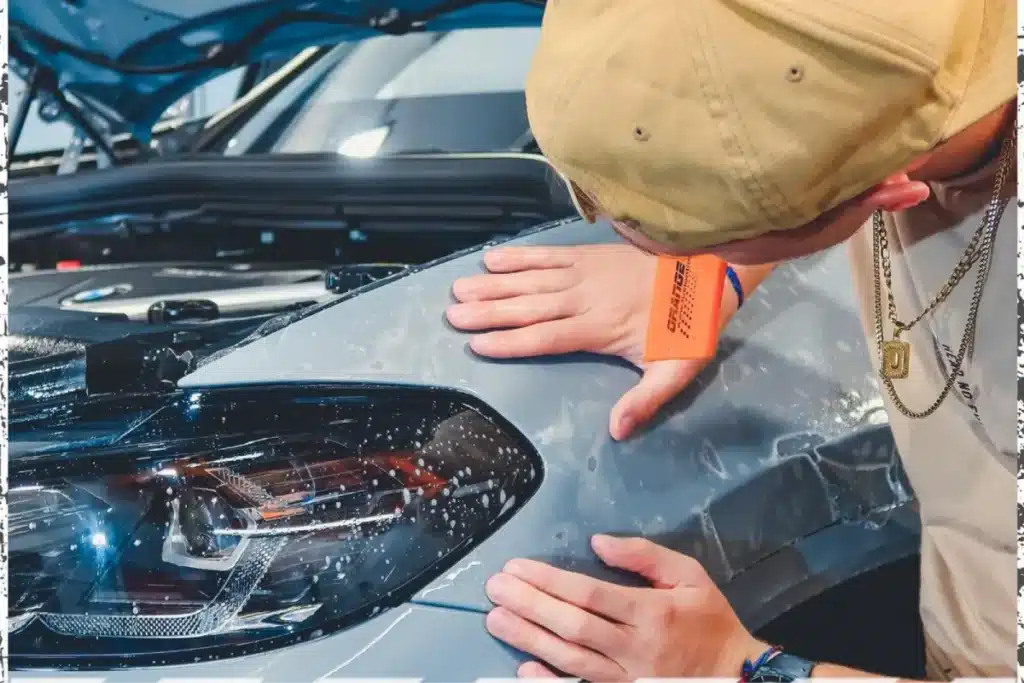 Installer smoothing paint protection film over a car fender.
